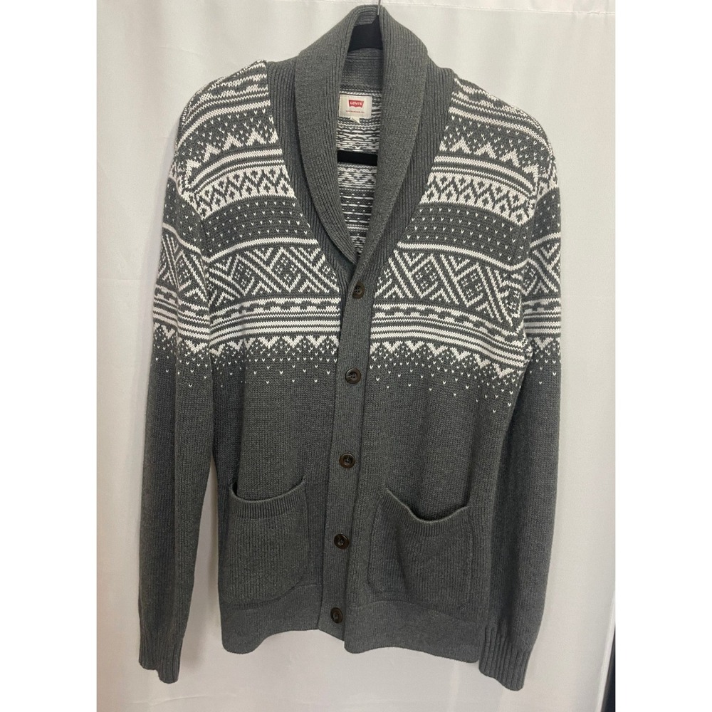Levis Gray White Fair Isle Shawl Collar Button Cardigan Sweater Large Womens
